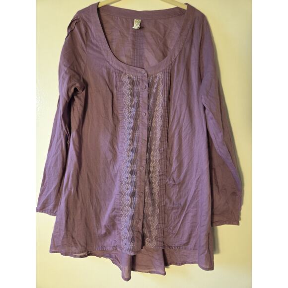 Free People Dusty Purple Lace Placket Button Front Tunic Blouse Lightweight Sz L - Picture 1 of 9